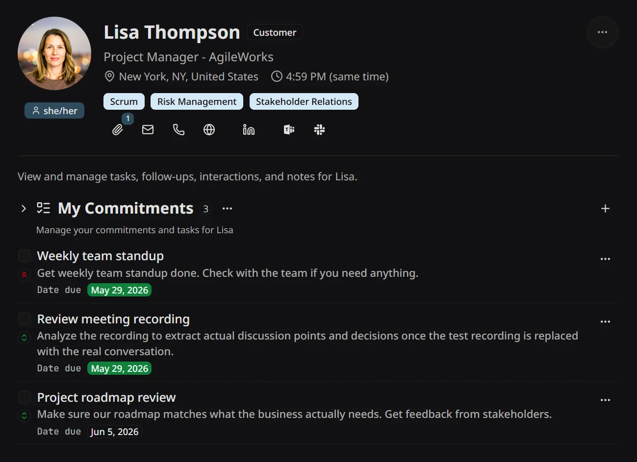 Lisa Thompson's profile with the My Commitments section open, listing tasks the user owes her with priority indicators and due dates
