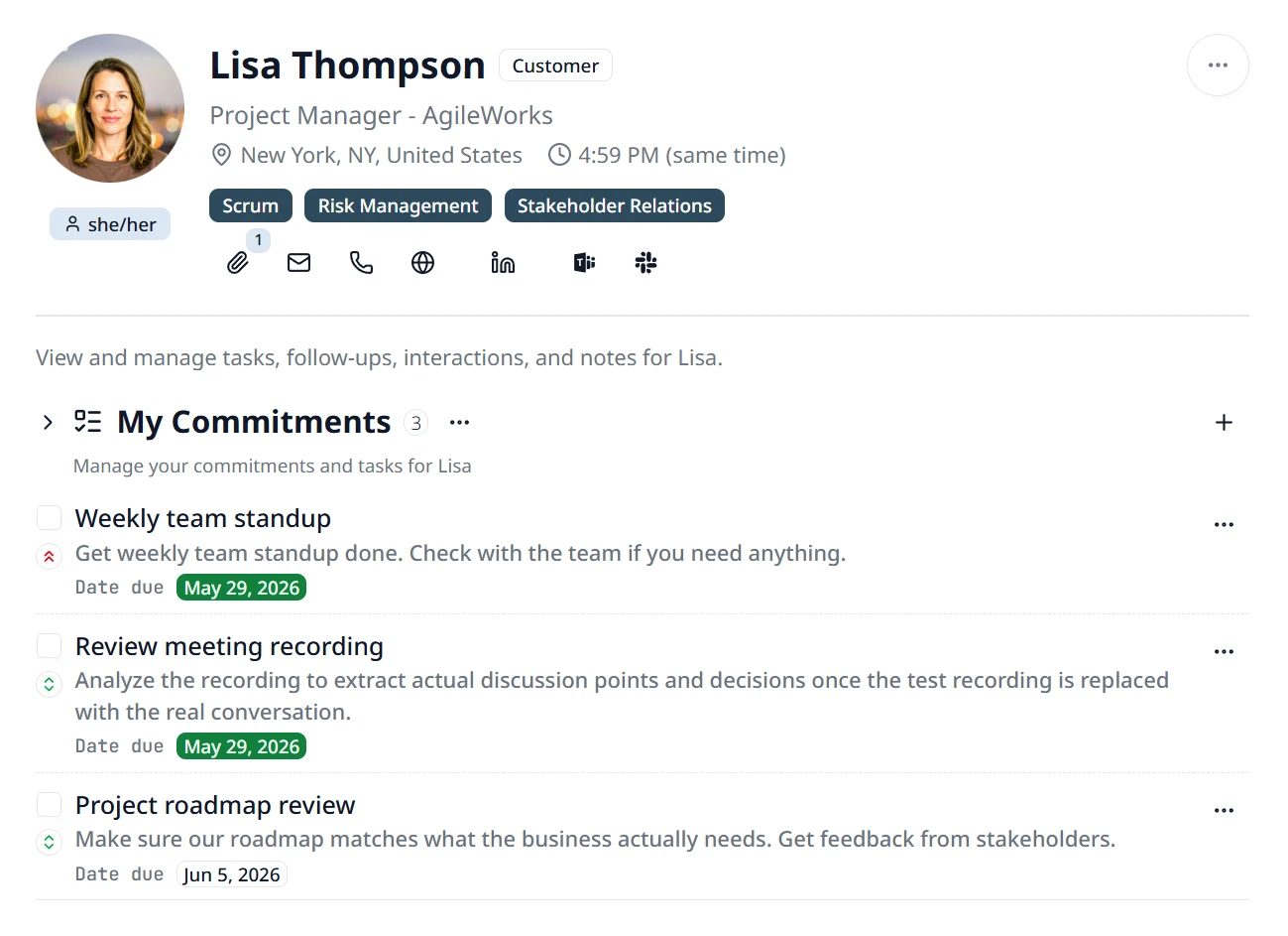 Lisa Thompson's profile with the My Commitments section open, listing tasks the user owes her with priority indicators and due dates