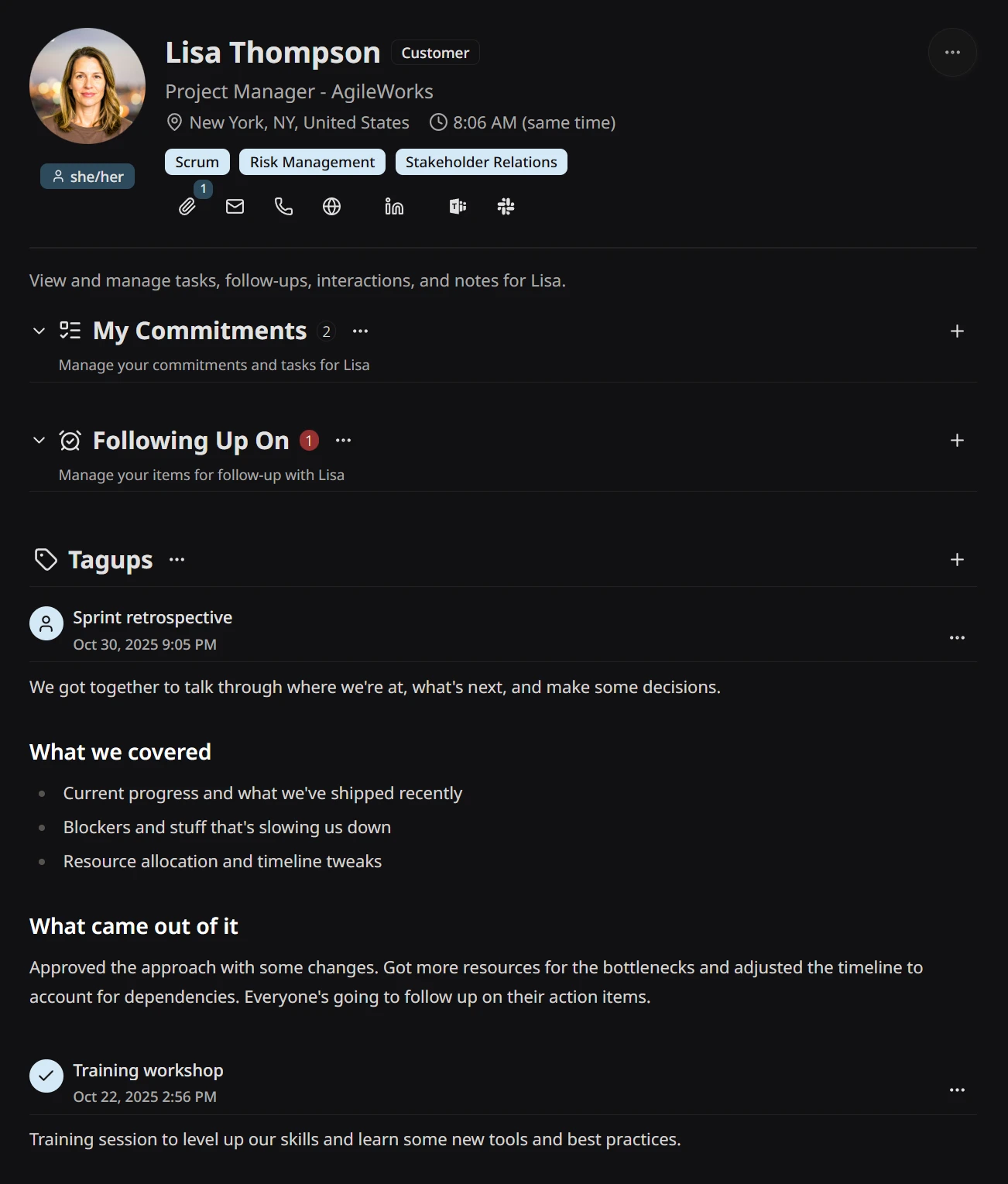 A person's profile timeline showing tagups with inline notes, commitments, and follow-ups in one view, with collapsible section controls for customizing what's shown