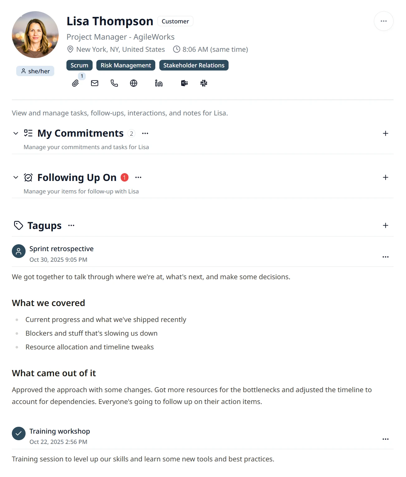 A person's profile timeline showing tagups with inline notes, commitments, and follow-ups in one view, with collapsible section controls for customizing what's shown
