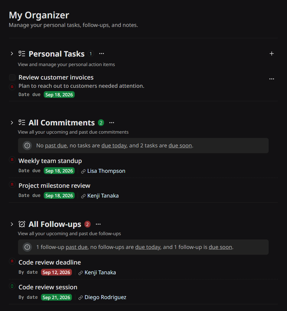 The My Organizer screen with Personal Tasks, All Commitments, and All Follow-ups sections, each item showing a due date and the person it belongs to