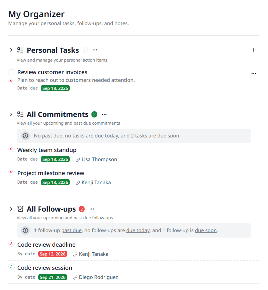 The My Organizer screen with Personal Tasks, All Commitments, and All Follow-ups sections, each item showing a due date and the person it belongs to