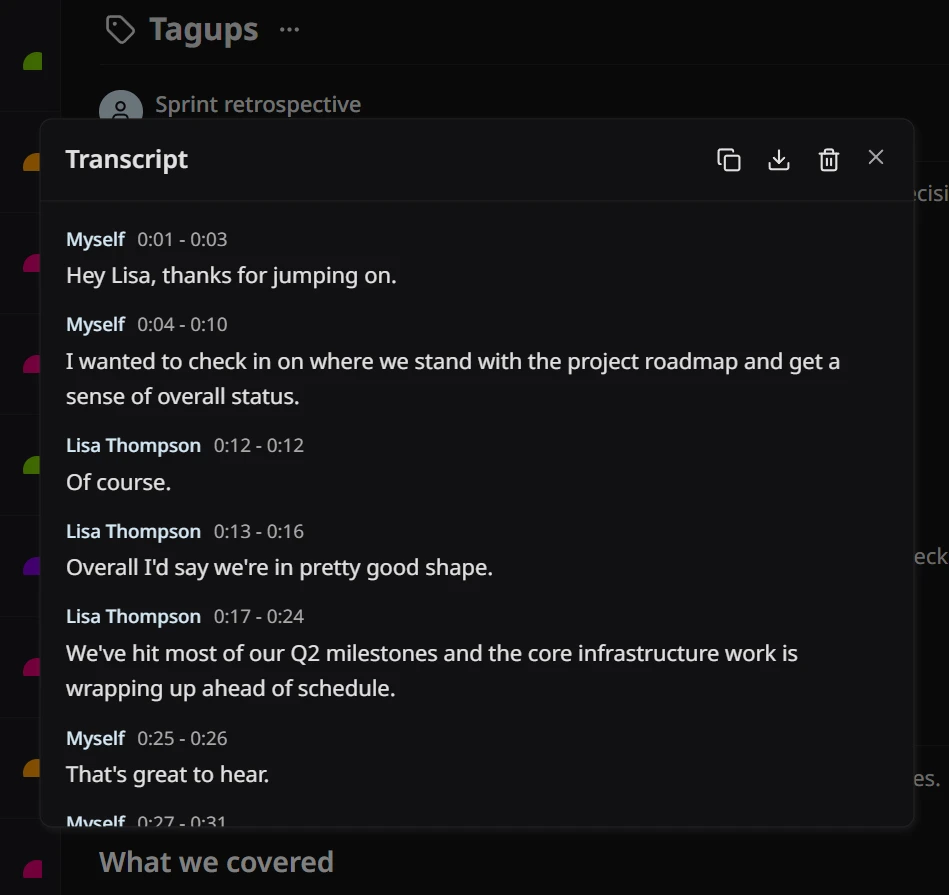 A speaker-aware transcript view with attributed paragraphs and a sidebar showing extracted commitments and smart notes