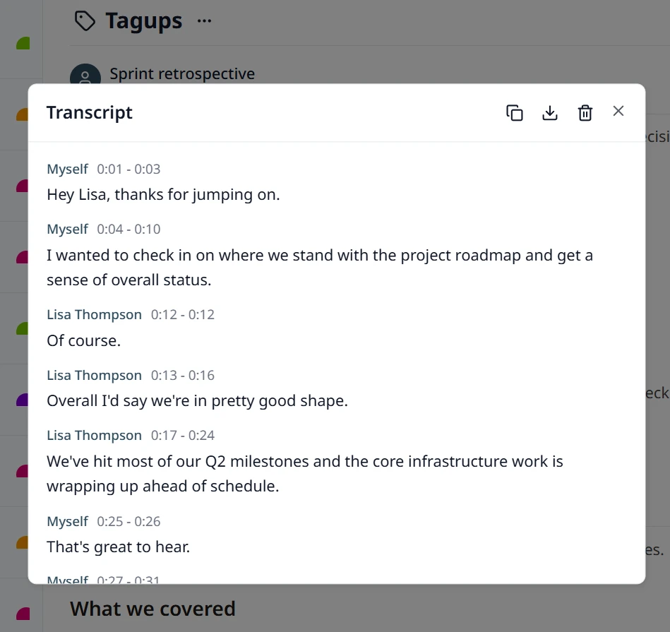 A speaker-aware transcript view with attributed paragraphs and a sidebar showing extracted commitments and smart notes