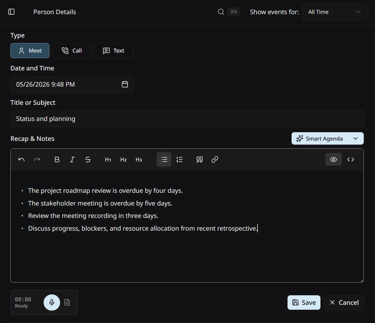 The Smart Agenda panel before a tagup, with AI-drafted talking points and a split-button to add custom items