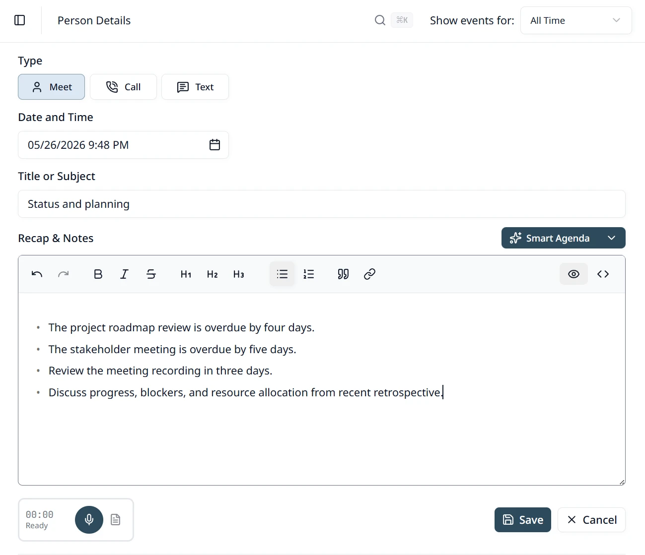 The Smart Agenda panel before a tagup, with AI-drafted talking points and a split-button to add custom items