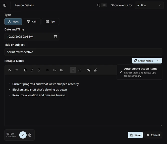 The smart-notes draft view with an outlined summary, decisions, action items, and a one-click 'replace with my edits' affordance
