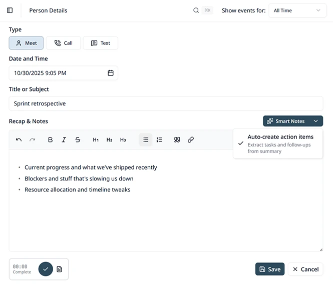 The smart-notes draft view with an outlined summary, decisions, action items, and a one-click 'replace with my edits' affordance